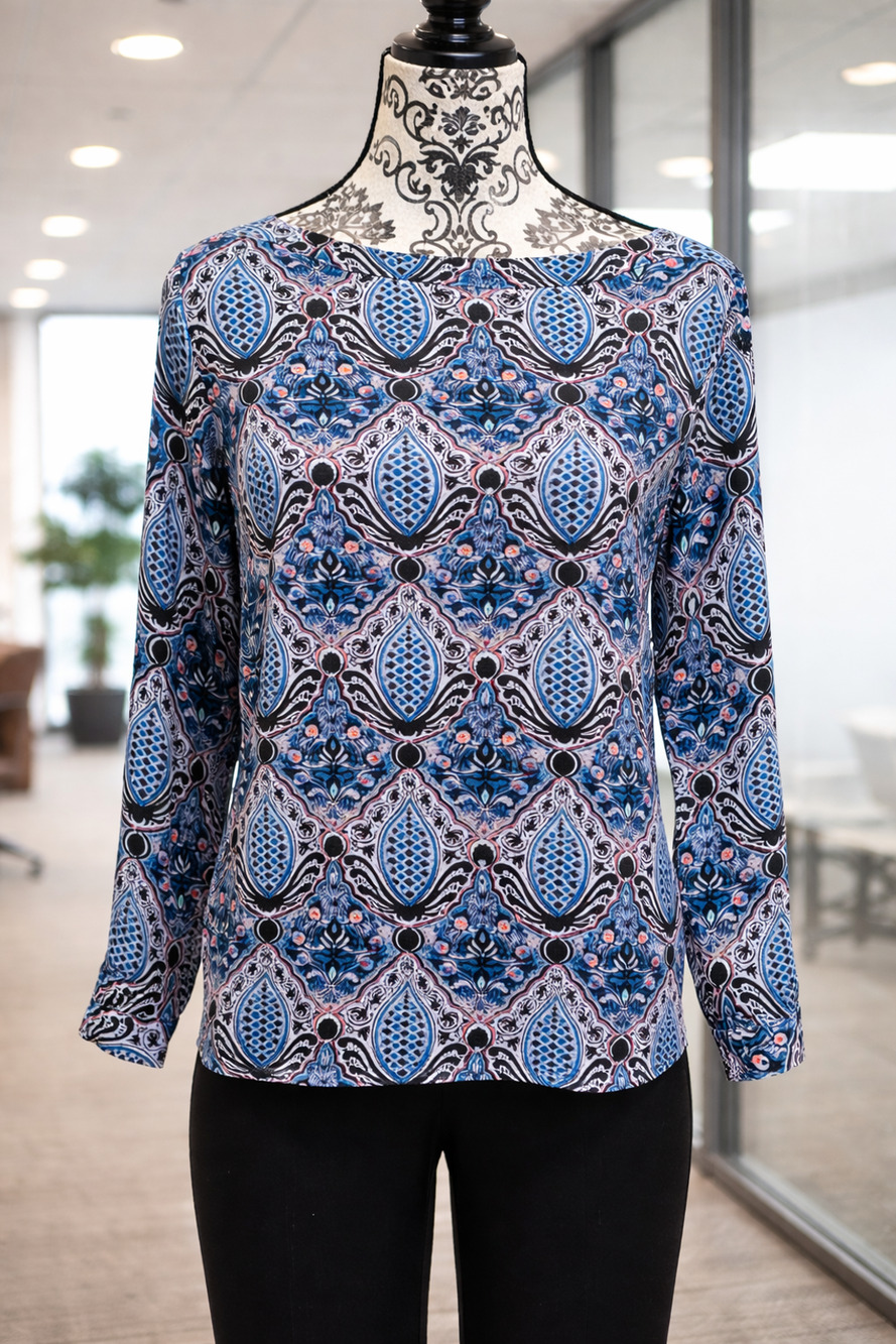 Loft Women's Geometric/Paisley Top Sz S Blue Geometric Ornate Office Career